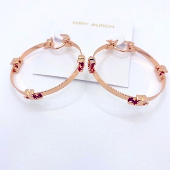 New Tory Burch Rose Gold Logo Light Weight Hoop Earings - Picture 4 of 9